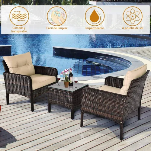 Vista 8 de ORALNER Juego de 3 piezas para conversación de patio, sofá de mimbre para todo tipo de clima y mesa auxiliar con cojines gruesos, muebles de Marrón