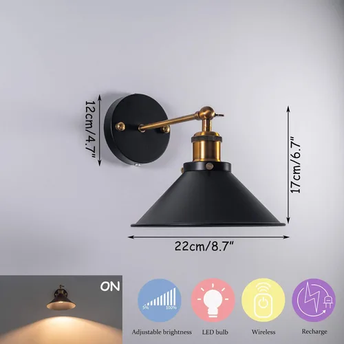 Vista 2 de Fácil de cargar e instalar, control remoto, batería recargable inalámbrica, funciona con atenuación continua, aplique de pared de diseño vintage