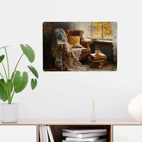 Vista 3 de Metal Tin Sign Cozy Autumn Reading Nook Plaque, 6x8 Inch Retro Oil Painting Art Wall Decor Metal Poster, Perfect For Creating Warm Reading