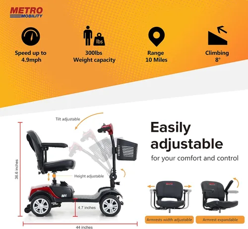 Vista 6 de Patinete de movilidad plegable de 4 ruedas – Scooter motorizado de capacidad de 300 libras para adultos, scooter médico eléctrico compacto