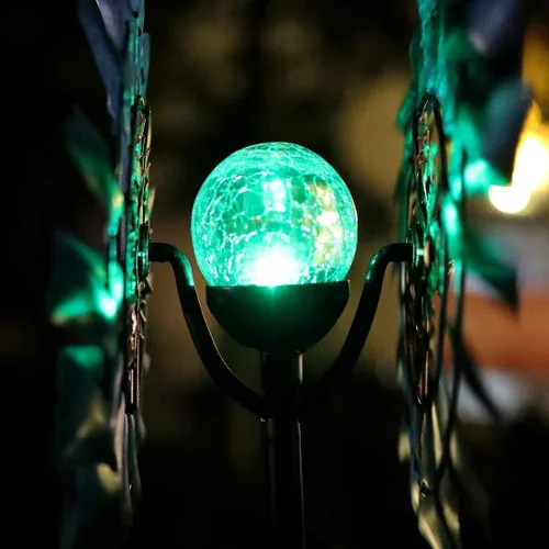 Vista 3 de Molinillo solar de viento azul con rotación de 360 grados con globo de vidrio agrietado multicolor, luz LED, cinética de doble dirección, adornos