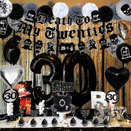 Vista 7 de Paquete de decoraciones para el 30 cumpleaños, suministros para la fiesta "Death to My 20s" que incluyen pancarta de cumpleaños, fajín "Rip to My