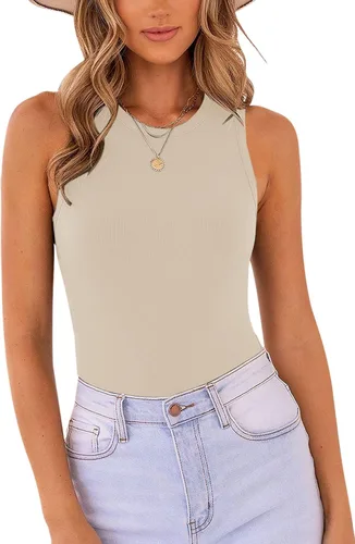 Vista 15 de MISSJOY - Camiseta básica sin mangas para mujer, con espalda cruzada y cuello halter acanalado 1-ejército verde blanco