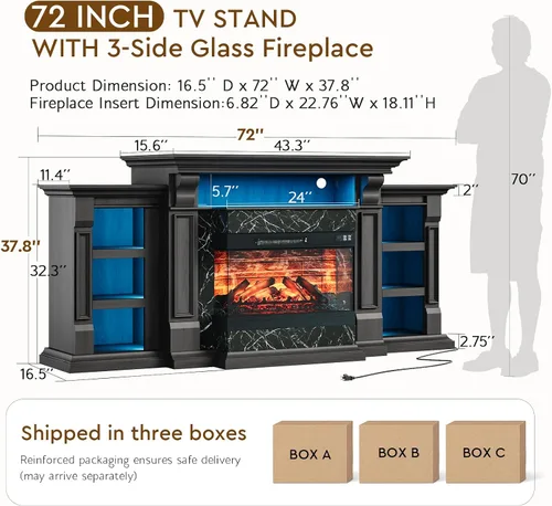 Vista 9 de LGHM Soporte de TV con chimenea eléctrica LED con tomacorriente, mantel de chimenea de 72 pulgadas para televisores de hasta 80 pulgadas, moderno