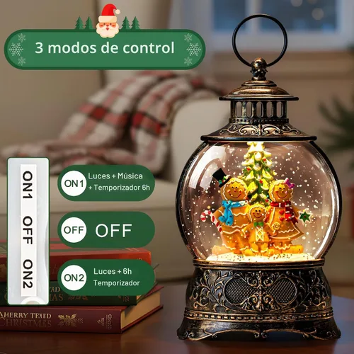 Vista 5 de Linterna de globo de nieve de Navidad con agua con escena de jengibre, funciona con batería o USB, luz musical iluminada, decoración festiva