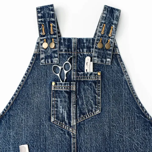 Vista 5 de Jeanerlor - Delantal de mezclilla con 4 bolsillos para mujeres y hombres - Estilo lavado correas cruzadas en la espalda y ajustable S a XXXL, Azul