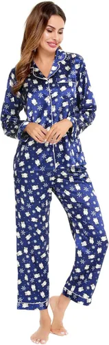 Vista 2 de SWOMOG - Conjunto de pijama de dos piezas, de satén de seda con botones, para mujer