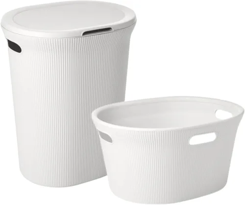 Vista 16 de Superio Colección acanalada - Cesto decorativo de plástico para ropa sucia con tapa y asas recortadas, azul (1 paquete) Organizador de cesta