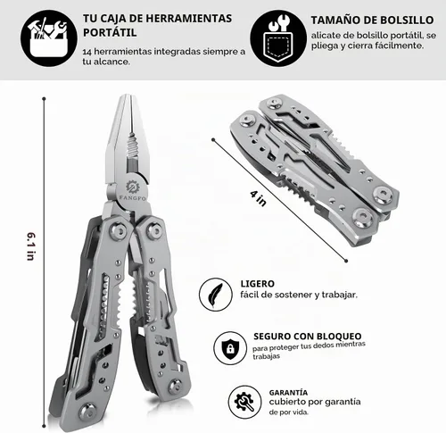 Vista 2 de Alicates multiherramienta 14 en 1, multiherramienta portátil de alta calidad, con bloqueo de seguridad, alicates multiherramienta profesional