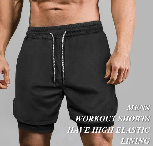 Vista 5 de Pantalones cortos de correr para hombre 2 en 1 de malla para gimnasio, entrenamiento, deportes, pantalones cortos atléticos para hombres