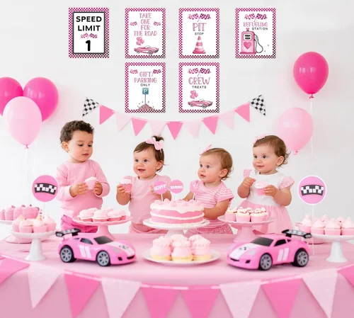 Vista 5 de Letreros de fiesta de primer cumpleaños de coche de carreras rosa, límite de velocidad, decoraciones de cumpleaños para niña, decoración rápida