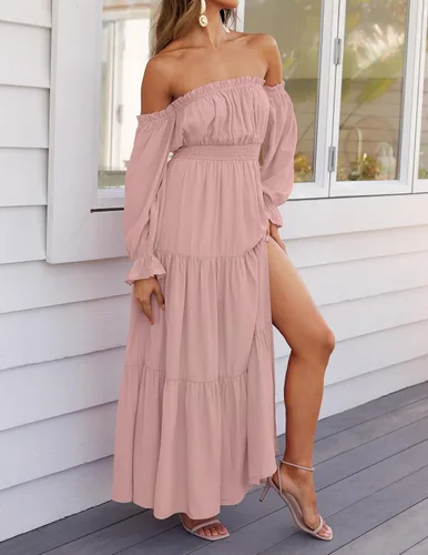 Vista 54 de ZESICA - Vestido largo, bohemio y sexy, con hombros descubiertos y manga larga fruncida, con elástico fruncido, cintura alta y abertura lateral