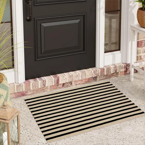 Vista 17 de Alfombra de lana cuadriculada para exteriores de 24 x 35 pulgadas, alfombra de algodón tejida a mano, plegable, lavable, reversible, en capas
