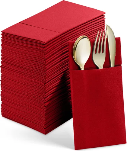 Vista 15 de Paquete de 50 servilletas desechables de lino con bolsillo integrado para cubiertos, tela preplegada azul como servilletas de papel para bodas