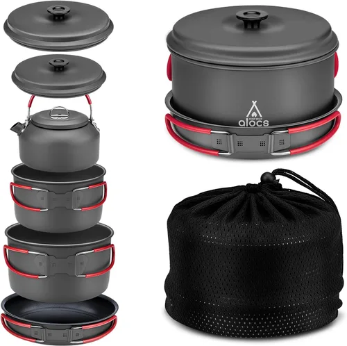 Vista 11 de Alocs Camping Cookware Set Camping Gear, Compact Camping Pots and Pans Set, Durable Hard Alumina Camping Cooking Set for Outdoor Backpacking Camping