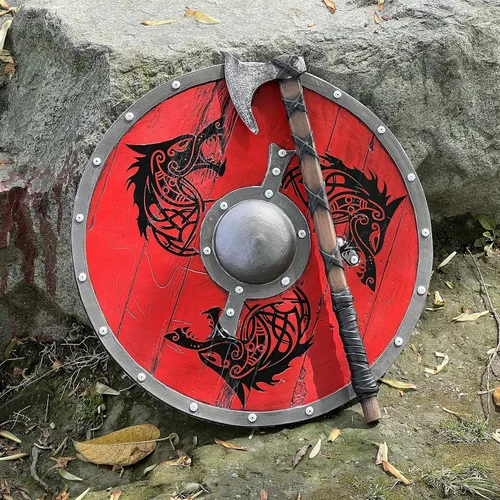 Vista 9 de LOOYAR Escudo de tótem de lobo de la era vikinga de los vikingos y decoraciones de hacha para disfraz de Halloween de caballero berserker vikingo