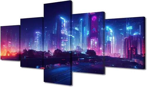 Vista 78 de Cuadros de 5 paneles de Cyberpunk City, arte de pared, representación de vallas publicitarias, edificios modernos en la capital con obras de arte