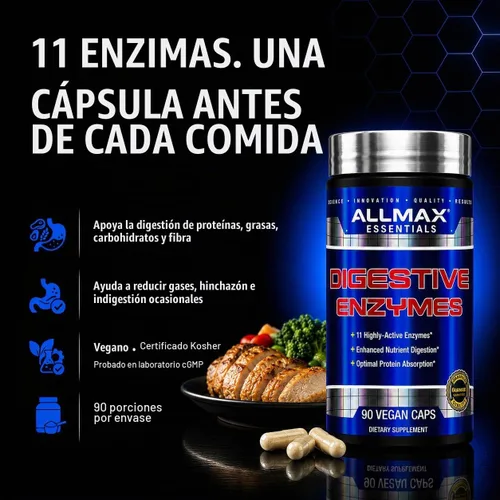 Vista 2 de ALLMAX Cápsulas de enzimas digestivas, 11 enzimas, 90 unidades, veganas