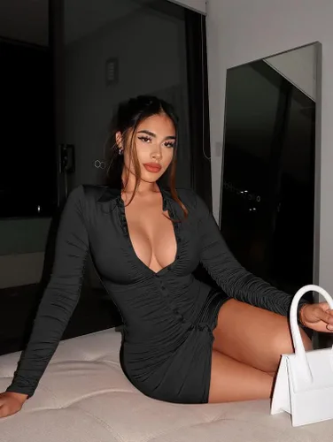 Vista 3 de DAAWENXI Elegante vestido de club de manga larga fruncido con botones para mujer