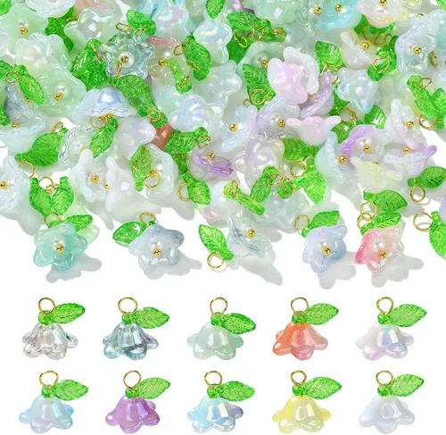 Vista 8 de Ipotkitt 100 dijes acrílicos de flores coloridas en forma de flor de primavera, dijes florales de plantas y hojas con adornos de latón
