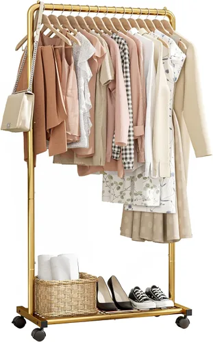 Vista 7 de Sakugi Perchero de Ropa - Perchero de ropa con estante de malla de almacenamiento y ruedas, perchero de metal resistente para colgar ropa, vestidos