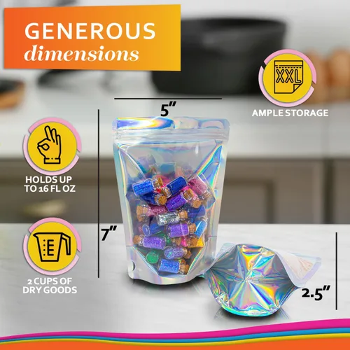 Vista 7 de 100 bolsas de Mylar iridiscentes resellables - Bolsas sellables con cierre hermético de 5 x 7 pulgadas, bolsas de pie sellables con cierre térmico