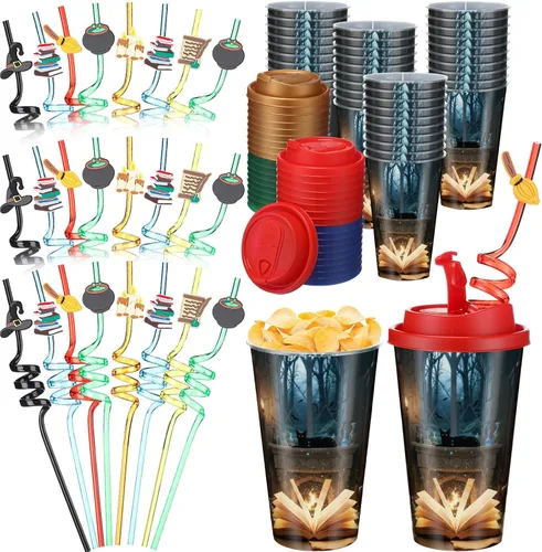 Vista 15 de Yungyan 16 juegos de tazas de golosinas con tapas y pajitas para decoraciones de cumpleaños, reutilizables, 16 onzas, vasos de plástico para dulces