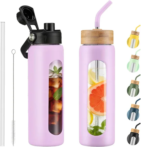 Vista 16 de Botella de agua Kodrine con pajita, botella de vidrio de 24 oz con 2 tapas, una de pajita de bambú y otra con pico y asa, botella de vidrio