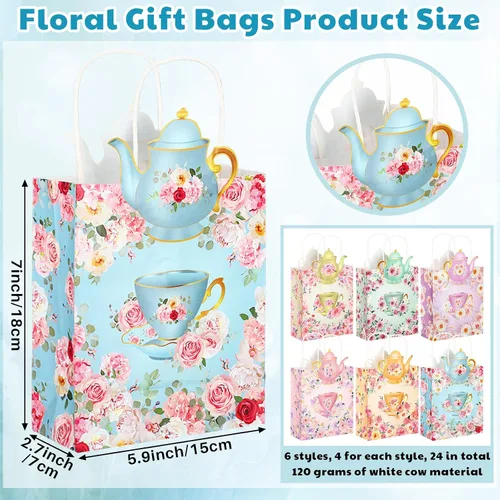Vista 2 de Lincia Paquete de 24 bolsas de regalo de fiesta de té, decoraciones de tazas de té, bolsas florales para golosinas con asas y diseño de tetera