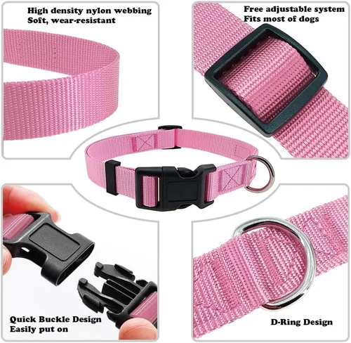 Vista 3 de Collar básico para perro, nailon ajustable para cachorros, color rosa, talla XS Diseñado para razas pequeñas, liberación rápida, anillo en D