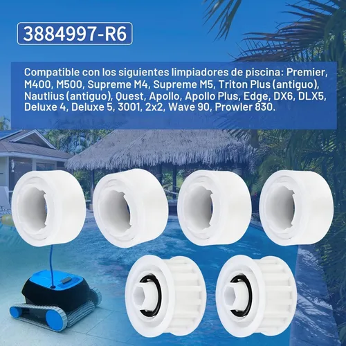 Vista 4 de 3884997-R6 4 ruedas guía y 2 engranajes de polea compatibles con Maytronics 4 ruedas guía con 2 engranajes de polea para Nautilus CC