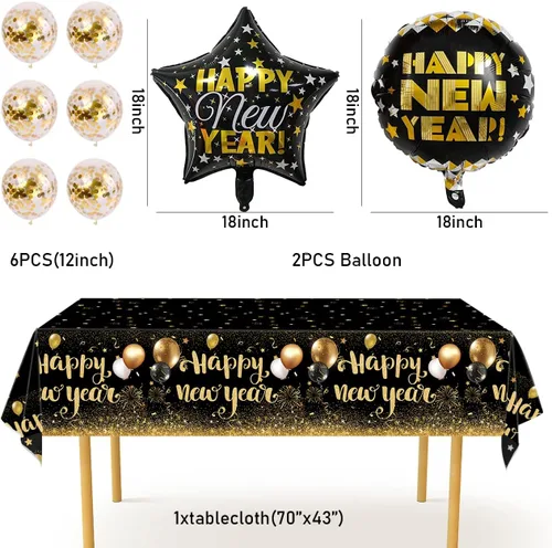 Vista 3 de NEY Party Supplies 2026 Decoraciones 2026 Feliz Año Nuevo con fondo negro dorado, mantel, globos grandes de aluminio, látex, globos de confeti