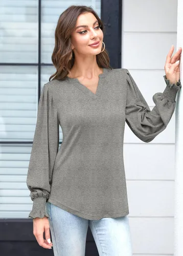 Vista 3 de RUBZOOF Blusas para mujer, cuello en V, manga abombada, ajuste holgado, para otoño, a la moda, camisas elegantes