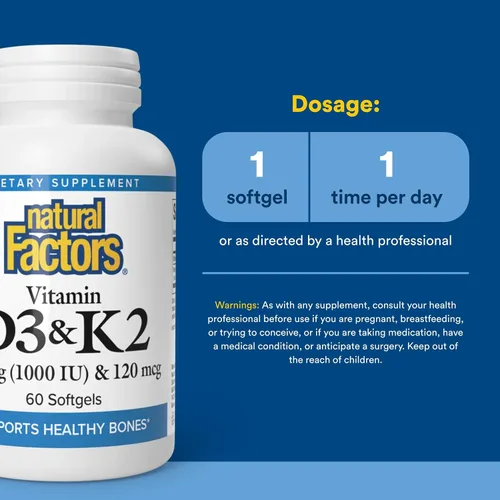 Vista 3 de Natural Factors, Vitamina D3 y K2 1000 UI y 120 mcg, apoya la salud ósea y vascular, 60 cápsulas blandas