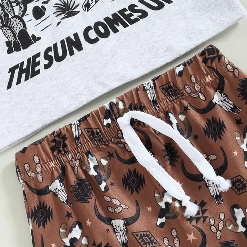 Vista 6 de Conjunto de pantalones cortos con cordón elástico y cordón para bebé, estilo vaquero, estampado de vaca