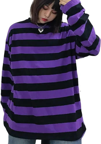 Vista 17 de Camiseta Harajuku de gran tamaño a rayas de manga larga con cuello redondo para mujer NegroGris