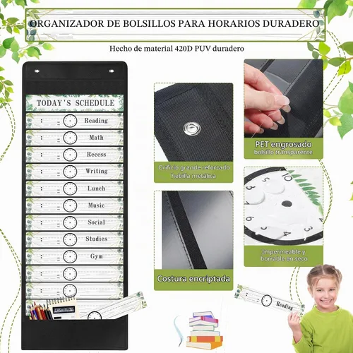 Vista 2 de Tatuo Tabla de bolsillo diario para el aula con tarjetas reutilizables y 14 bolsillos, suministros de aula de granja, tablas de horarios
