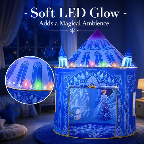 Vista 3 de Amplov Tienda de campaña desplegable de princesa, juguetes de Frozen para niñas, grande de 53" x 41" pulgadas, casa de juegos castillo de hielo