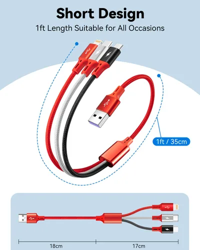 Vista 6 de Paquete de 2 cables de carga múltiple, 3 en 1, retráctil, cable de carga rápida, cargador USB C con Lightning/Micro/Tipo C para iPhone, iPad, Rojo