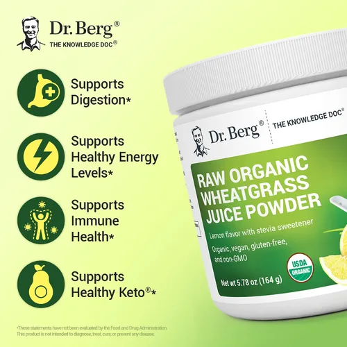 Vista 3 de Dr. Berg - Superalimento en polvo verde orgánico certificado por USDA (60 porciones), fabricado con pasto de trigo crudo, clorofila, minerales traza