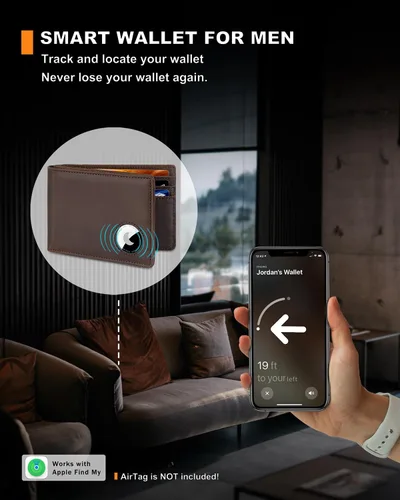 Vista 10 de Billetera AirTag para hombre, de piel auténtica plegable con bloqueo Rfid AirTag con ranuras para efectivo y ventana de identificación, compatible