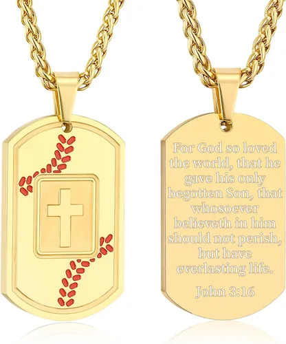 Vista 26 de Collar de cruz con versículo bíblico de béisbol, acero inoxidable, dije de cruz en tono negro/dorado/plateado, regalos religiosos, joyería deportiva