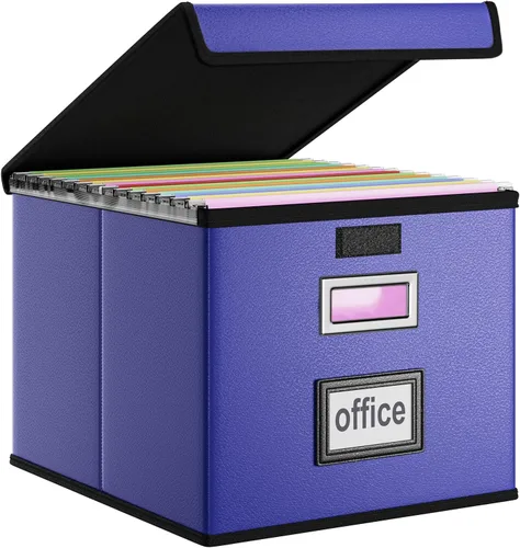 Vista 14 de Caja organizadora de archivos Huolewa con tapa, caja organizadora de carpetas de archivos colgantes de cuero sintético plegable con deslizadores