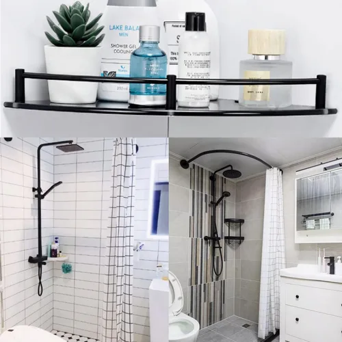 Vista 4 de Estante de baño de vidrio con riel inoxidable, estante de ducha esquinero de vidrio negro, organizador de ducha con agujero de taladro para montaje