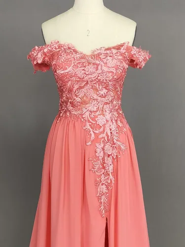 Vista 2 de Womens Off The Shoulder Prom Dresses Side Slit Lace Applique Long Chiffon Formal Evening Party Gowns