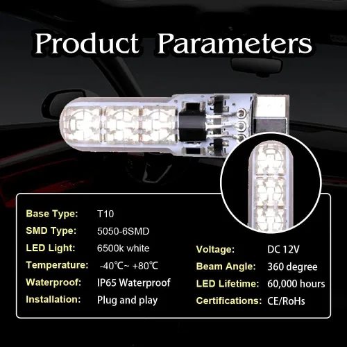 Vista 4 de Bombilla LED T10 RGB para Automóvil Luz de Ancho con Control Remoto W5W 194 168 2825 Luz Estroboscópica 16 Colores 5050 Cuña de Repuesto para Mapa