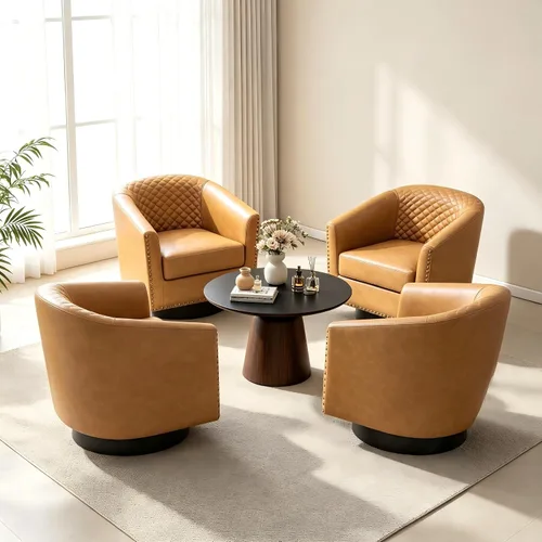 Vista 9 de Pia Ricco Silla de Acento Tipo Barril de Cuero Sintético, Silla de Club Moderna con Brazos, Cómoda Silla Individual Tapizada con Patas de Madera