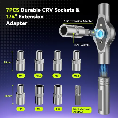 Vista 5 de 25 in 1 Magnetic Ratchet Screwdriver Set, S2 Steel Bits & 7 CR-V Sockets, Flexible Shaft, Magnetic Multi Bit Screwdriver Kit with Case for