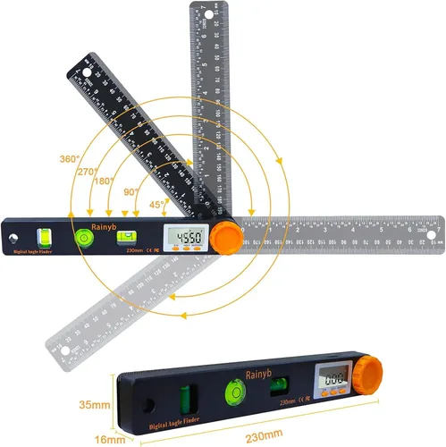 Vista 4 de Rainyb Herramienta de Búsqueda de Ángulo Digital de 7 Pulgadas 0-360 Grados con Transportador Digital LED, Niveles de Burbuja Horizontales
