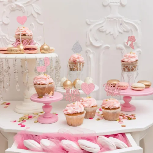 Vista 6 de 24 adornos para cupcakes con purpurina para novia, vestido de novia, cupcake picks Heart Miss to Mrs Cake Decor para despedidas de soltera, bodas